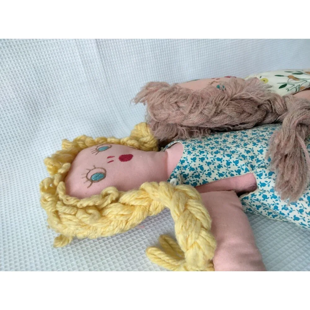 Charming Vintage 1960s Pair of Folk Art Reversible Happy/Sleepy Face Cloth Dolls